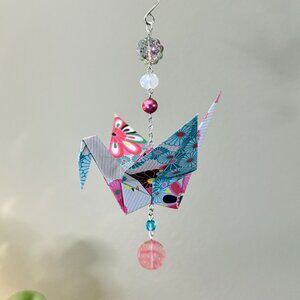Origami Ornament #2319 - Large Crane with Rose Quartz and Glass Beads